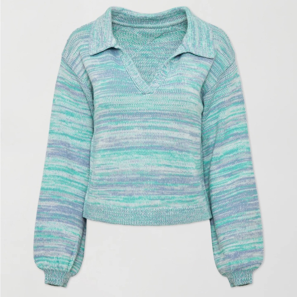 525 AMERICA lattice split neck collar pull over Sweater Cyan Multi Womens Sz M